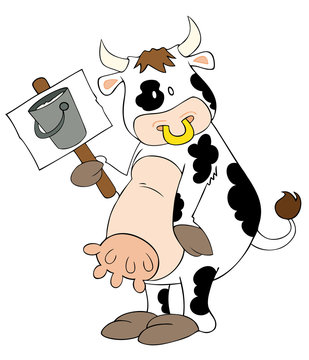 Funny dairy cow with placard.