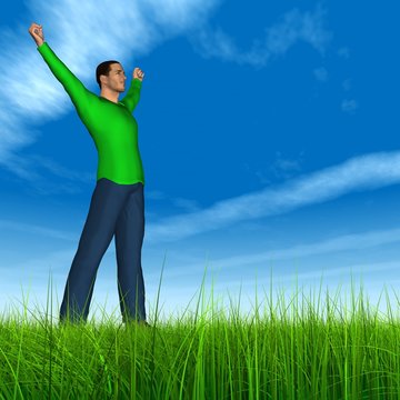 High resolution conceptual 3D human jumping happy in grass