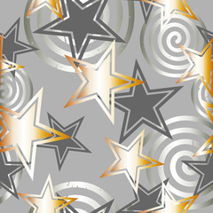 Grey abstract background with gold stars and spirals