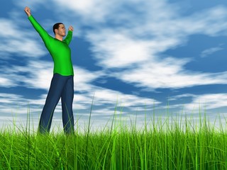 High resolution conceptual 3D human jumping happy in grass