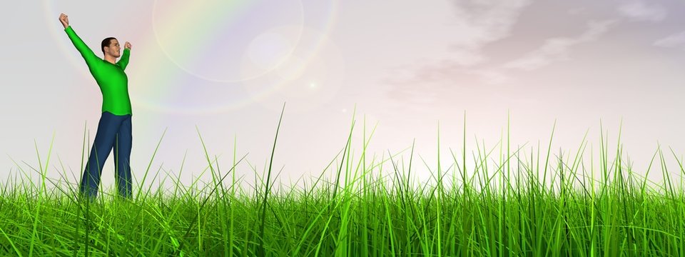 High resolution conceptual 3D human jumping happy in grass