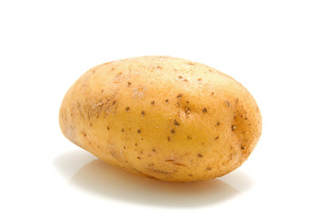 One unpeeled raw potato over white background