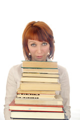 woman hold many books