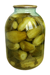 Big jar with marinaded cucumbers on a white background