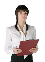 The girl with a tablet in hands, isolated on a white background