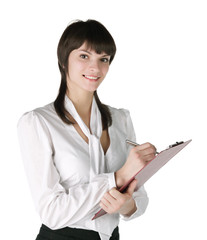 The beautiful girl with a tablet in hands, isolated on a white