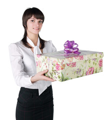 The fine girl with a gift box in hands