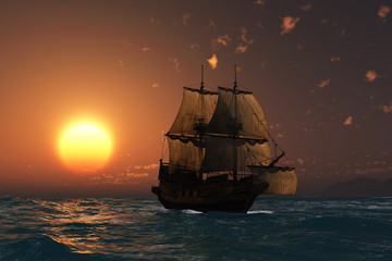 Fototapeta na wymiar ancient ship at sunset