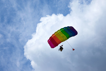 Skydiver flying in bright blue sky.