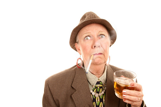 Senior Woman in Man's Clothing with Cigarette and Drink