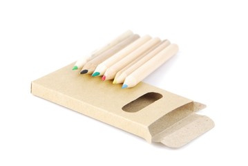 Colour pencils and pencil case on white
