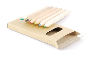 Colour pencils and pencil case on white