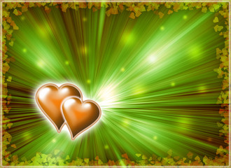 Valentine with image two heart and rays light from it