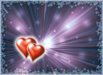 Valentine with image two heart and rays light from it
