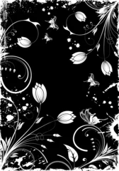 Fototapete Blumen schwarz und weiß Grunge Blumenrahmen