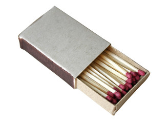 Open box of matches on a white background