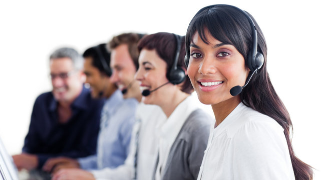 Charismatic customer service representatives with headset on