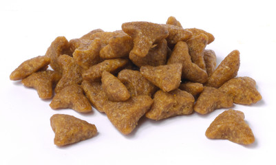small pile of cat food kibble isolated on white background