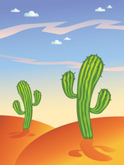 green cactus vector in the desert on sunset blue sky background