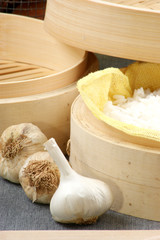 organic rice steamed in a bamboo steamer