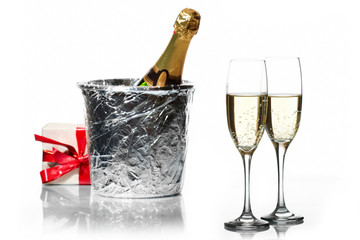 Champagne flutes and ice bucket