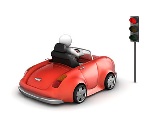 Red cabrio on stopped red traffic light signal