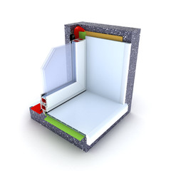 Section of a window construction model. 3D render.