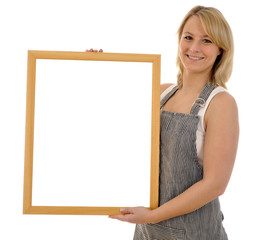 Köchin mit Schild