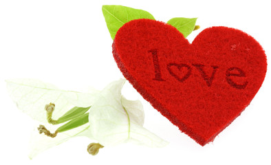coeur rouge "love" Saint-Valentin, bougainvill&eacute;e, fond blanc