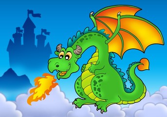 Fototapeta premium Green fire dragon with castle