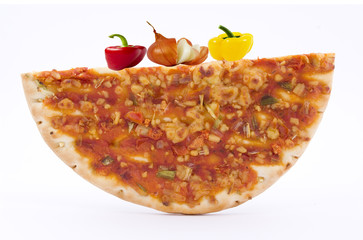 Half of pizza and vegetables.