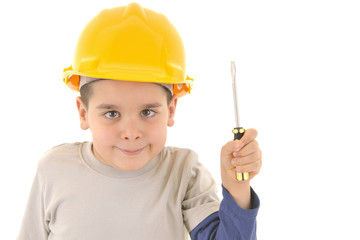 Little kid as a construction worker, with screwdriver