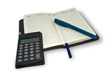 Calculator, pen and notebook