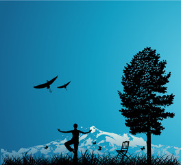 Fototapeta na wymiar woman outdoors with mountain, tree and birds