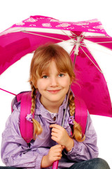 young girl with umbrella isolated on white