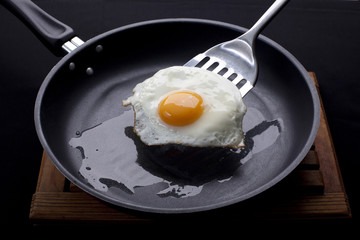 fried egg in a frying pan on black background