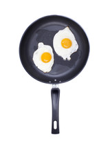 fried eggs in a frying pan on white background