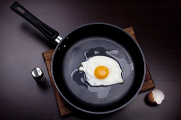 fried egg in a frying pan on black background