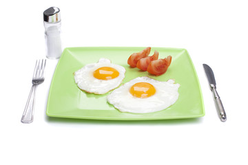 Fried eggs on green plate
