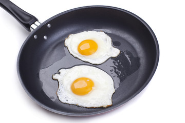 fried eggs in a frying pan on white background