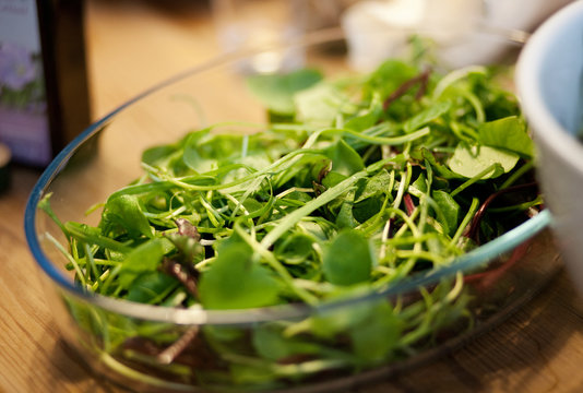 grüner Salat mit Olivenölflasche