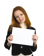 Naklejka premium Beautiful attractive smiling woman holding sign