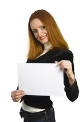 Naklejka premium Beautiful attractive smiling woman holding sign