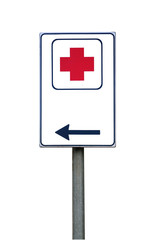 Cartello con croce rossa e freccia