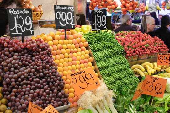 Fresh fruits on market stall together with prices