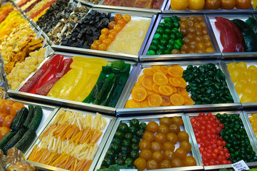 fruits on a stand on the Boqueria market in Barcelona