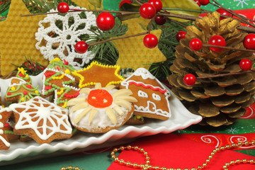 Decorated gingerbrad cookies on dish