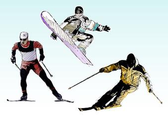 color skiing trio