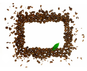 Rectangle symbol made of coffee beans with green leaf isolated o
