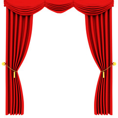 Red theater curtain isolated on white
